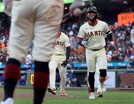 San Francisco Giants’ Luis Matos #29 celebrates after hitting a...