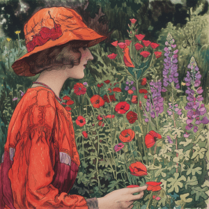 AI-generated image of a woman in a garden, wearing a red hat and dress.