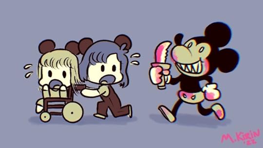 A cartoon drawing of Max and their wife Kitty (who uses a wheelchair) fleeing from a Mickey Mouse who happens to not only be wielding a knife but also has bloody stains all over.