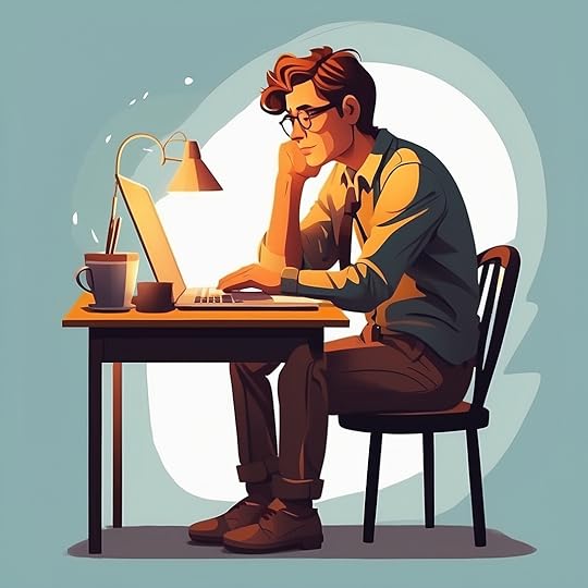 Create an illustration of a writer sitting at a desk trying to think of something.