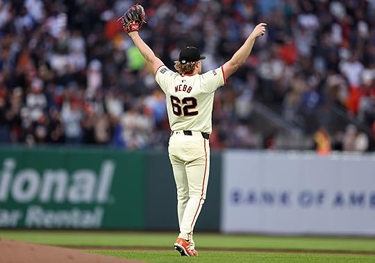 San Francisco Giants’ Logan Webb (62) celebrates Luis Matos’s home...