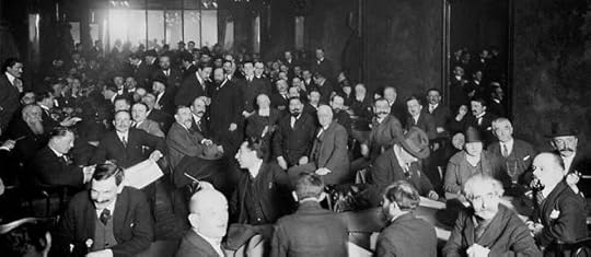 Meeting, about 1935, of the Central Committee of the Socialist Party at the Cafe du Globe, boulevard de Strasbourg. At the center, Leon Blum, national leader of SFIO, and Pierre Mendes-France.