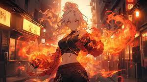 Premium Photo | Anime girl with fire in her hands in a city street generative ai