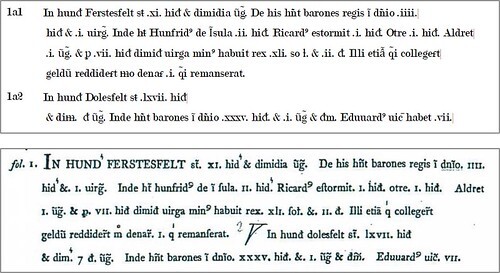 Exon Domesday, folio 1: two versions