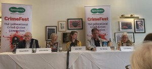 Crimefest panel with left to right, Simon Brett, Linda Mather, Alice Bell, T E Kinsey, Liz Fielding