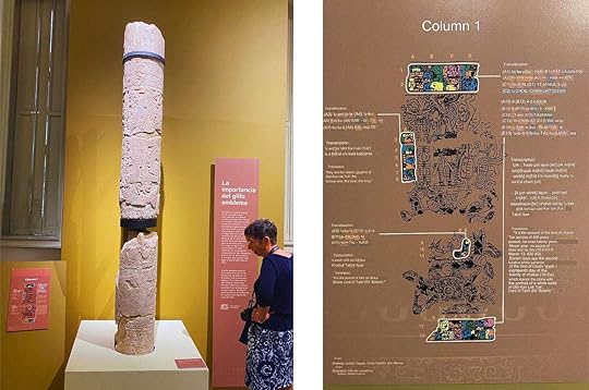 Left: A limestone column from Ek’ Balam, covered with emblem glyphs, which helped archaeologists figure out that Ek’ Balam’s original name was Talol. Right: A Google English translation of the translation of the glyphs.