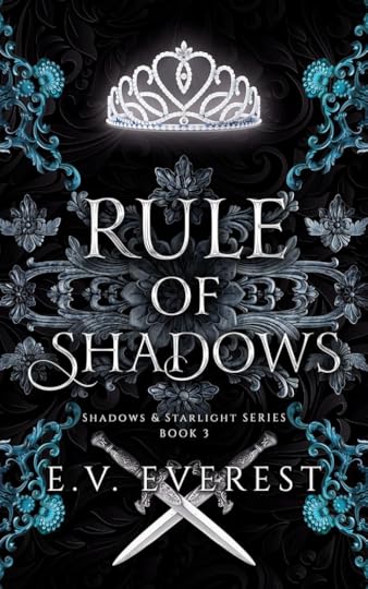 Book cover Rule of Shadow - two swords and a crown surrounded by floral motif.