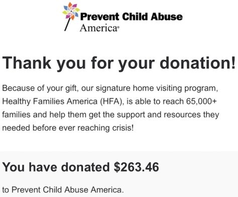 Donation receipt for Prevent Child Abuse America