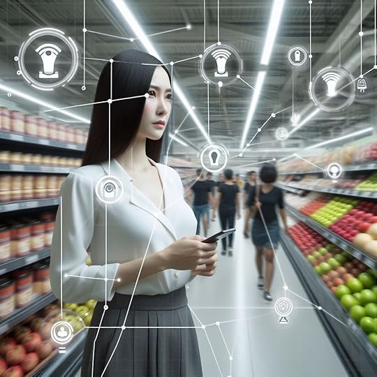 Woman in grocery store being tracked by AI, sensor, cameras.