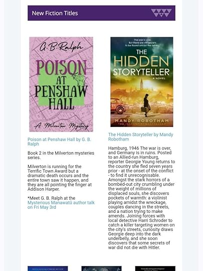 Email showing new titles available at local library, including Poison at Penshaw Hall by G B Ralph.