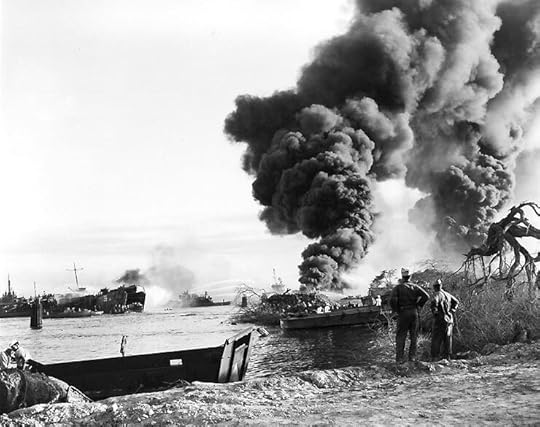 Sailors fighting fires on USS LST-480 resulting from explosion of LST-353 the previous day, Pearl Harbor, Territory of Hawaii, 22 May 1944 (US National Archives: SC 185701)