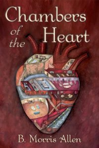 the cover of the story collection Chambers of the Heart - a cutaway biological heart whose chambers are filled with halls, stairways, and furniture. The heart is on a textured maroon background
