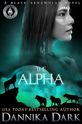 Native american woman surrounded by emerald-green fog and silhouette of wolves below her