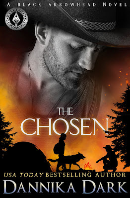 Man in cowboy had staring downward at silhouette of a woman, wolf, and a man in the woods