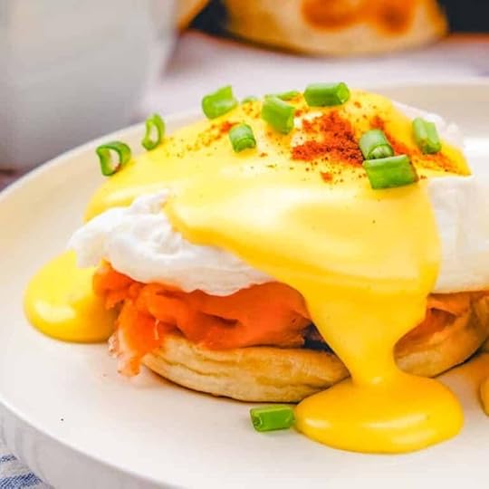 Eggs Norwegian on a white plate.