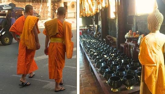 Early Morning Procession of monks leaving their temples. Monks and alms bowls in Chiang Mai