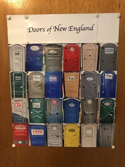 4 rows of port-a-potty doors in various colors and with various names, with the title