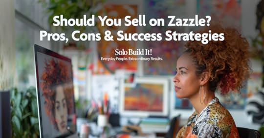 A woman sitting at her computer, wondering if she should sell on Zazzle.