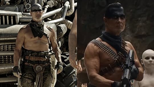 Richard Norton as the bald Prime Imperator in Fury Road split with him having hair and holding a gun in Furiosa