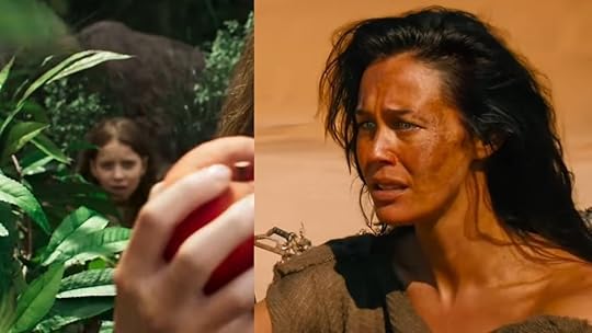 A young girl back hidden among trees watches someone pick a peach in Furiosa split with an adult woman in a rob out in the desert looking stressed in Fury Road