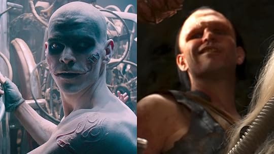 The scarred white painted War Boy Slit holding a steering wheel in Fury Road split with the sneering Scrotus in Furiosa
