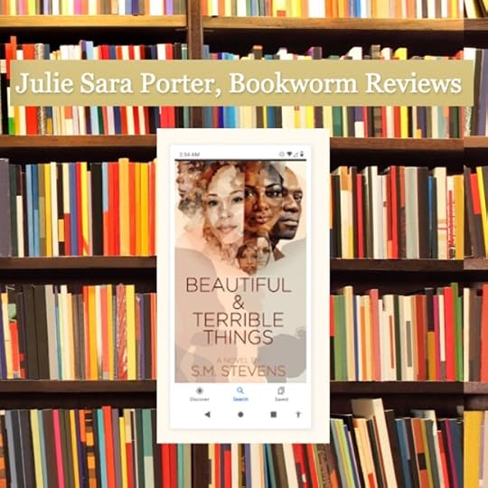 cover of book against a backdrop of bookshelves