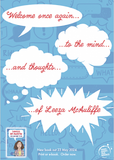 A pale blue background for a poster that's promoting the book, Leeza McAuliffe Has Loads More To Say. There are white speech bubbles floating on the space, with a bit of text in each one. All together they say, 'Welcome again to the mind and thoughts of Leeza McAuliffe.'