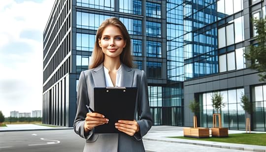 ChatGPT-created image of a woman outside an office building