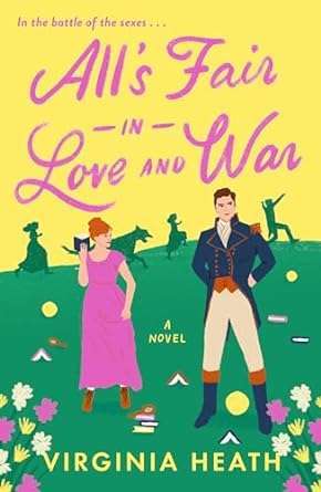 Illustrated cartoon type cover featuring a red-haired white woman in a pink dress standing next to a military type man (but not in uniform) on a green hill, behind them three children play rambunctiously with a large dog, the sky is yellow and the titles are pink