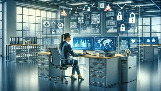 AI generated image of woman by lots of screens showing data protection information