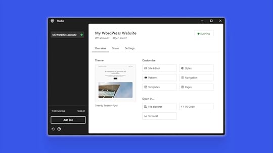The site overview tab on the Windows version of Studio on top of a blue background