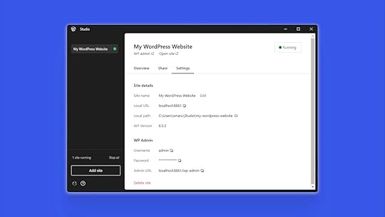 The site settings tab on the Windows version of Studio on a blue background