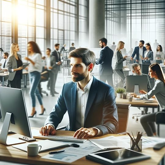 ChatGPT image of man wearing jacket working in busy office