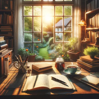 A cozy writer's desk with an open notebook, a pen, a cup of tea, and a window showing a peaceful garden. Sunlight streams through the window, creating a warm and inviting atmosphere. Bookshelves with various books are visible in the background, adding to the sense of creativity and inspiration.