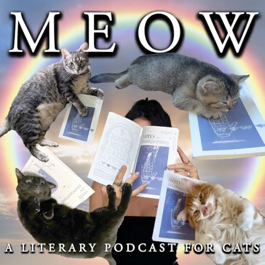 Gabi Abrão (sighswoon) holds her poetry collection, Notes on Shapeshifting, aloft while encircled by cats doing same.