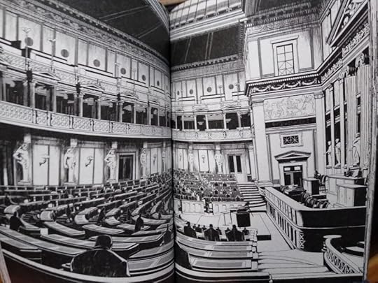 extremely detailed two-page spread of a political assembly room