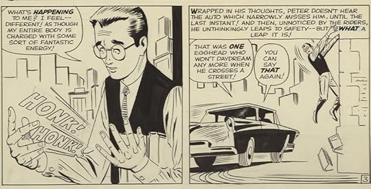 Pen and ink artwork of comic book panels, showing Peter Parker sensing that he has new powers.