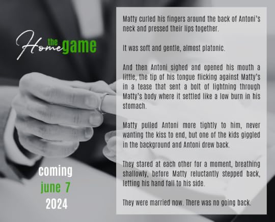 Black and white image of a man putting a wedding band on another man's finger Text saying the Home Game coming june 7 2024