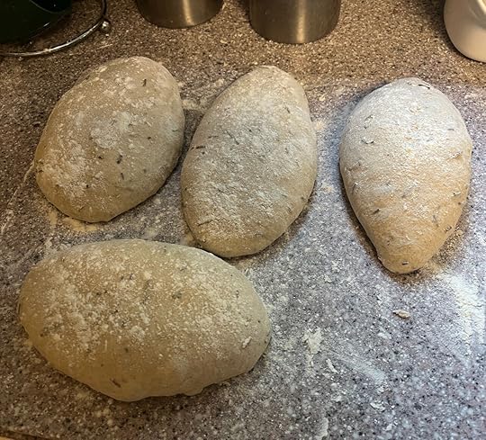 Four loaves of manoomin bread (I doubled this recipe so I'd have some to give away to my family), shaped and ready for their final rise