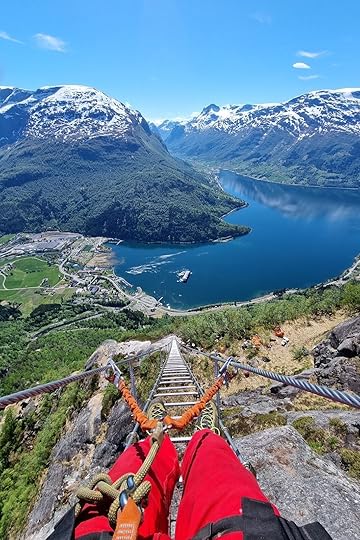 Persona at top of ladder at Loen Skylift in Norway