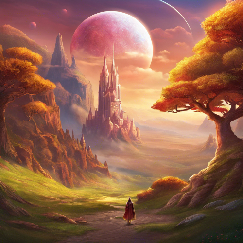 A figure walks towards a castle framed by a planet offering hope and wonder in Izaic Yorks Christian fantasy