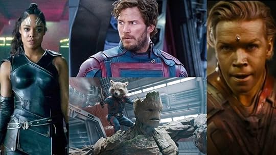 Outer space Marvel heroes Valkyrie, Star-Lord, Rocket, Groot, and Adam Warlock.