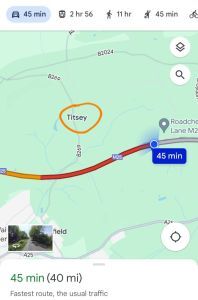 Screengrab from Google Maps showing the amusingly named town of Titsey and the clogged M25