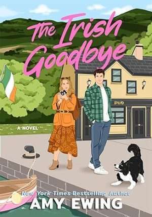 Illustrated cartoon style cover showing a white couple smirking at each other in front of a pub against an emerald green country landscape, there's a border collie nearby in a play-bow and the woman is holding a tuxedo cat. The pub is on the water and there is a rowboat tied to the dock.