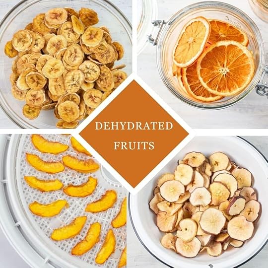 Four photo collage of dehydrated fruit recipes.