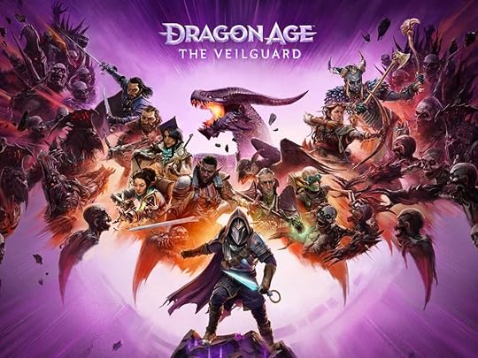 The key art for Dragon Age: The Veilguard shows the player character surrounded by other characters, beasts, and a dragon.