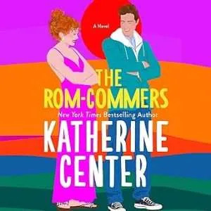 Illustrated comic book style cover with a mostly purple, orange and red background featuring a smiling white couple with their arms crossed in front of them looking to the side at each other. She has curly red hair, worn up, he has dark hair and a hoodie.