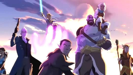 The characters of The Legend of Vox Machina standing in a powerful purple-tinged tableau