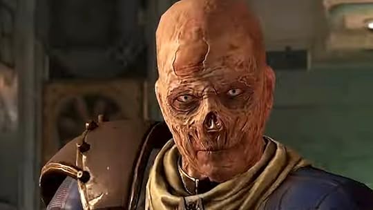 A ghoul with a yellow neck tie in Fallout 76