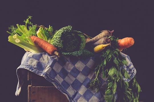 Photographic still life of fennel, carrots, cabbage, and turnips on a blue and white cloth.